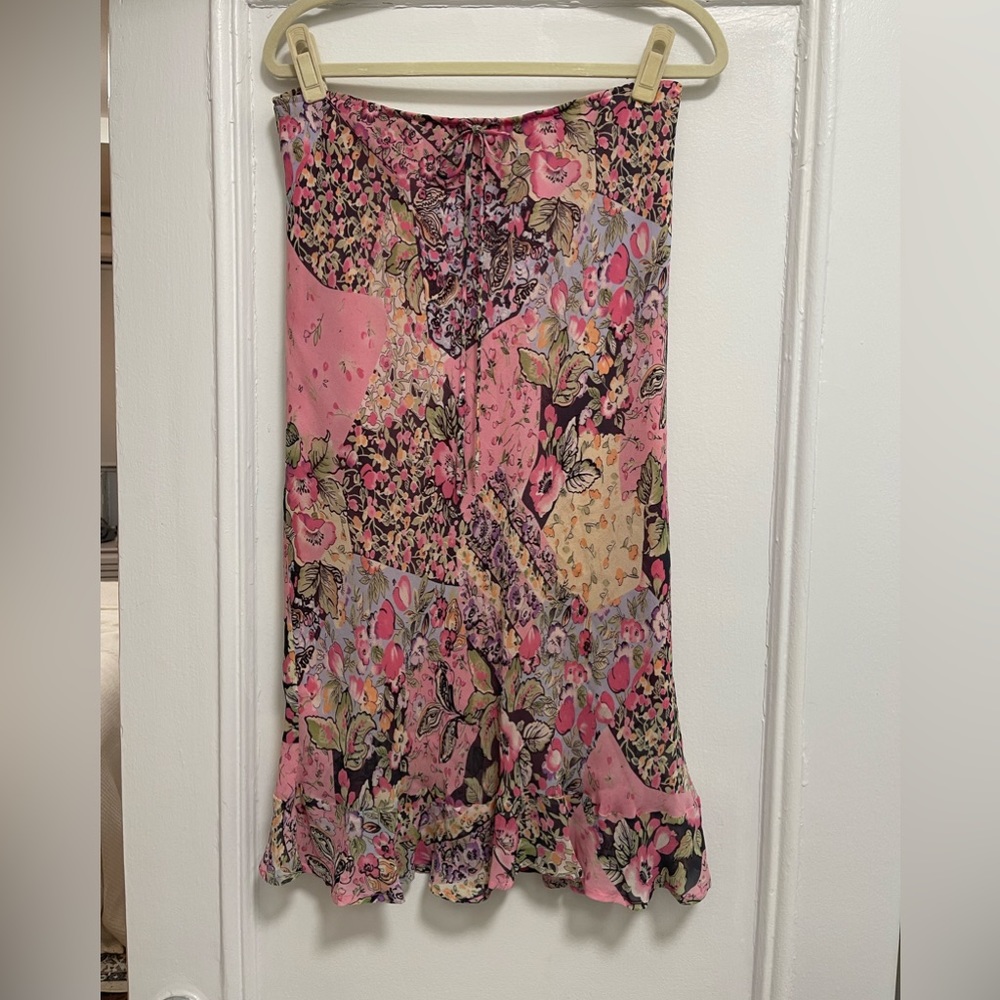 Vintage Pink Floral Patchwork Midi Skirt 100% Silk